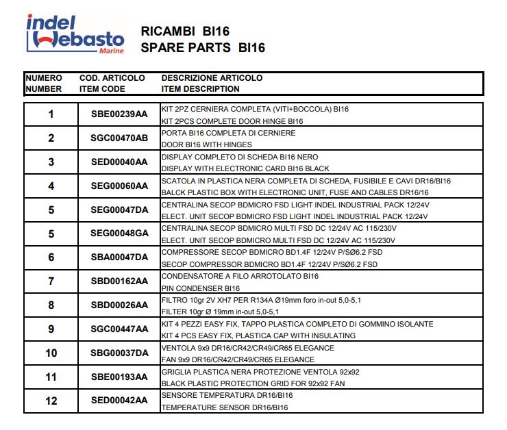 Isotherm Built-In Box 16 Spare Parts