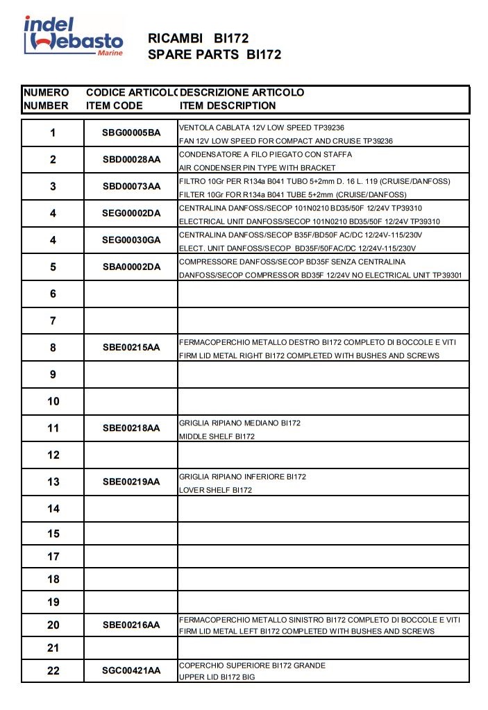Isotherm Built-In Box 172 Spare Parts