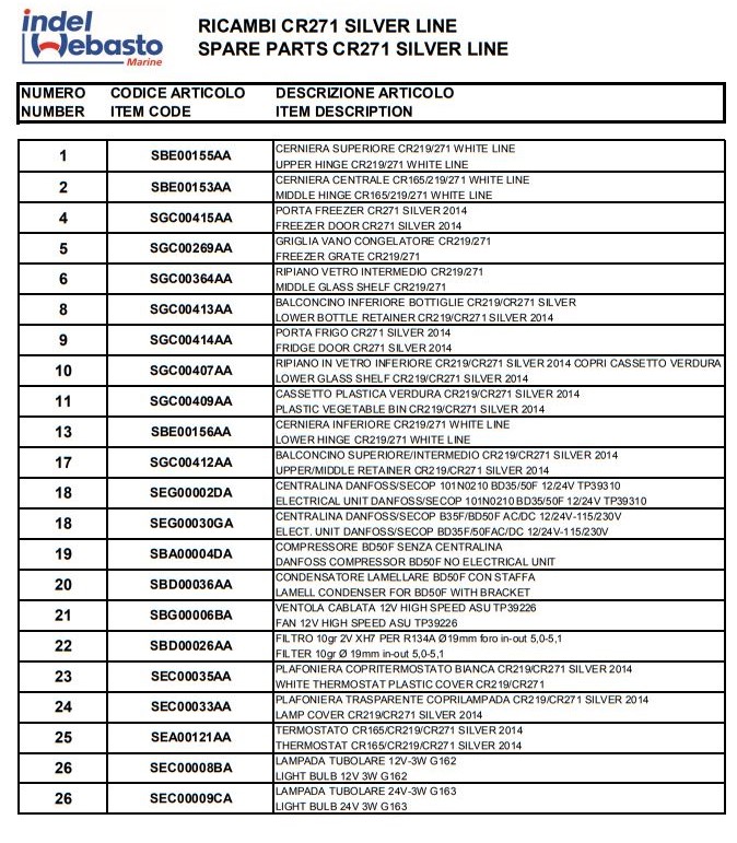Isotherm Cruise 271 Silver Line Fridge Spare Parts