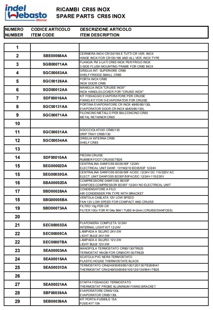 Isotherm Cruise 85 Inox Fridge Spare Parts