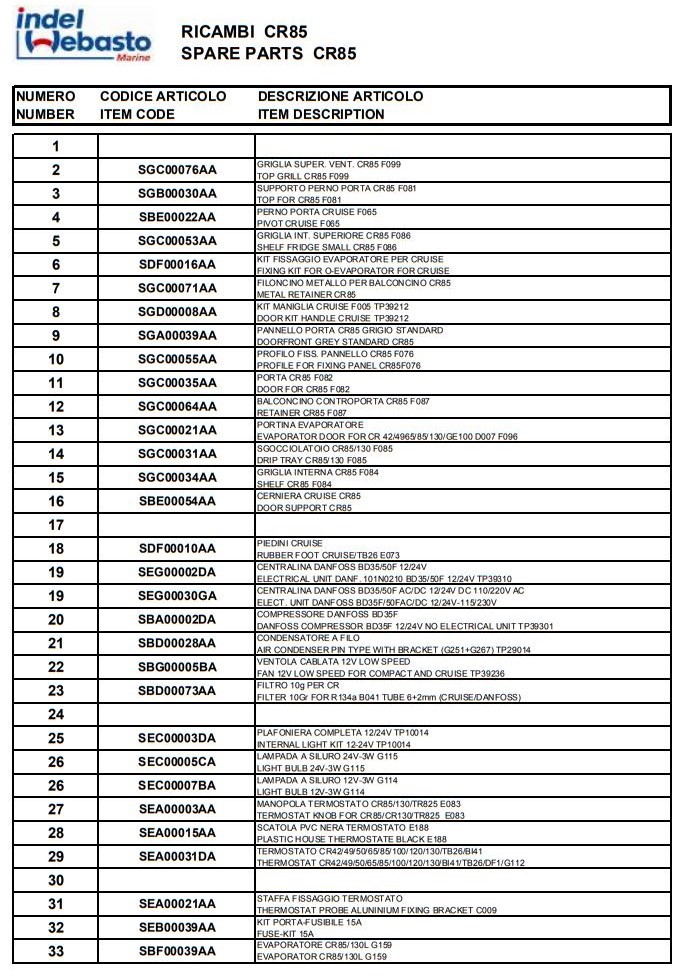 Isotherm Cruise 85 Fridge Spare Parts