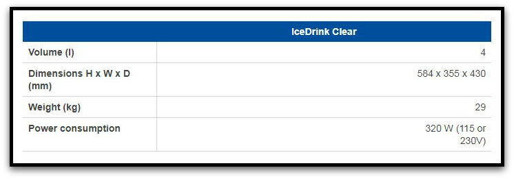 Specifications of the Isotherm Inox Clear Ice Maker