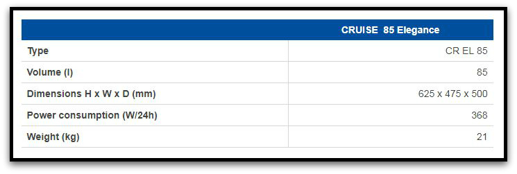 Technical Specifications of the Cruise 85 Elegance Fridge